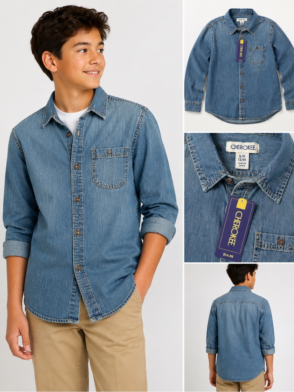 NWT Cherokee Boys Denim Button Down Shirt Size L 12/14